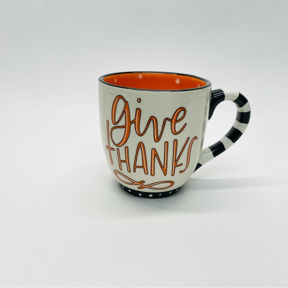 Glory Haus Mug Cup Give Thanks Pumpkins 16 ounce Colorful Polka Dot Thanksgiving